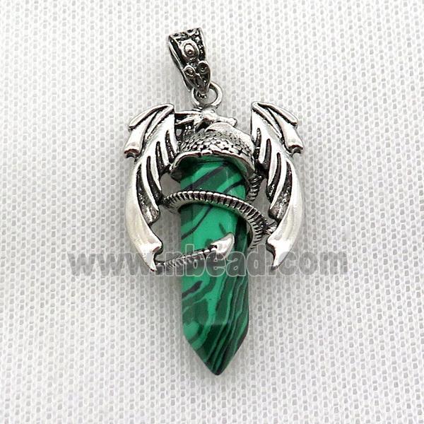 Alloy Dragon Pendant Pave Green Malachite Synthetic Antique Silver