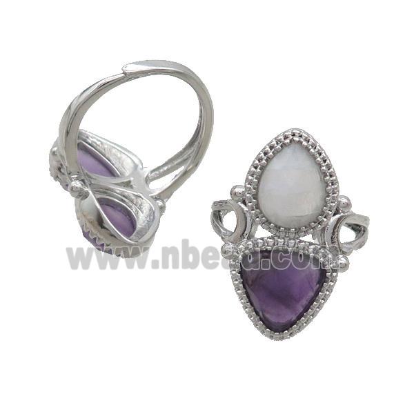 Copper Ring Pave Amethyst Clear Quartz Adjustable Platinum Plated