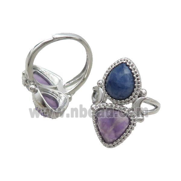 Copper Ring Pave Amethyst Blue Aventurine Adjustable Platinum Plated