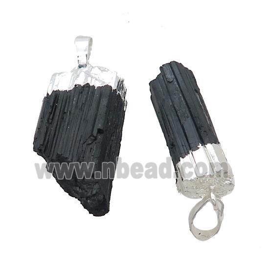 Natural Black Tourmaline Pendant Freeform Shiny Silver