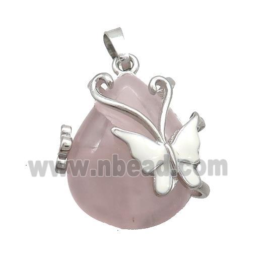 Pink Rose Quartz Teardrop Pendant Alloy Platinum Plated