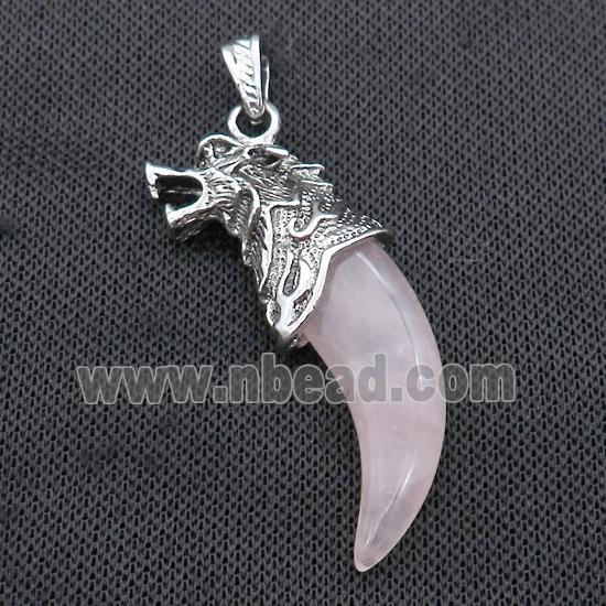 Alloy Wolf Pendant Pave Pink Rose Quartz Antique Silver
