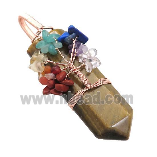 Natural Tiger Eye Stone Bullet Pendant With Chakra Gemstone Chips Tree Of Life Wire Wrapped Rose Gol