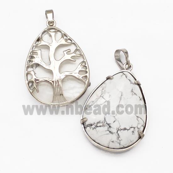 Natural White Howlite Turquoise Teardrop Pendant Tree Platinum Plated