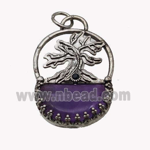 Alloy Tree Pendant Pave Purple Amethyst Moon Antique Silver