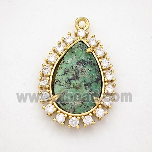 Green African Turquoise Teardrop Pendant Copper Pave Zirconia Gold Plated