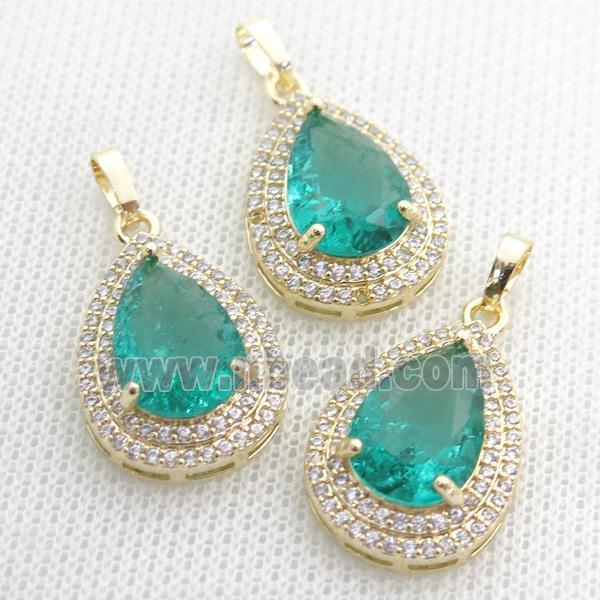 copper teardrop pendant paved zircon with green crystal glass