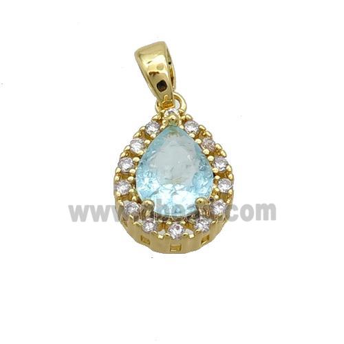 Copper Teardrop Pendant Pave Aqua Crystal Glass Gold Plated