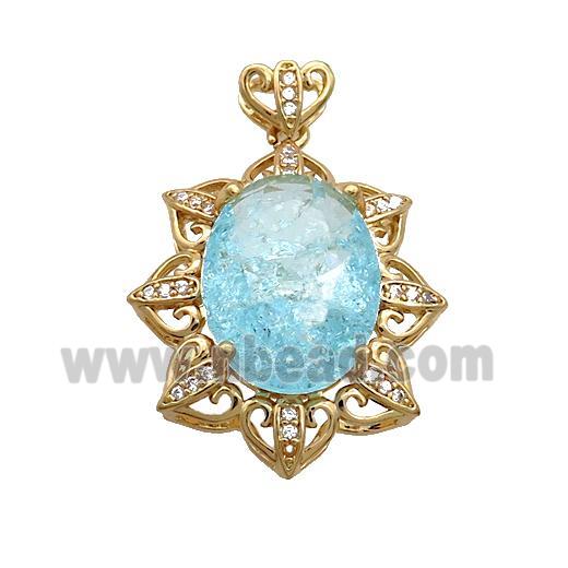 Copper Flower Pendant Pave Blue Crystal Glass Gold Plated