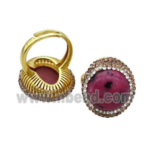 Rhodonite Ring Pave Rhinestone Adjustable Gold Plated