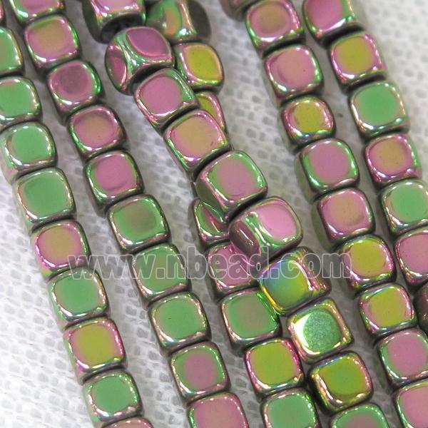 Hematite cube beads, greenred electroplated
