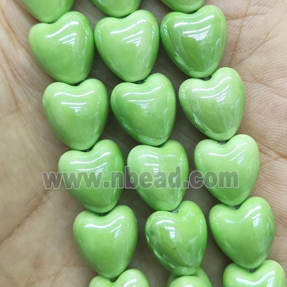 green Porcelain heart beads, electroplated