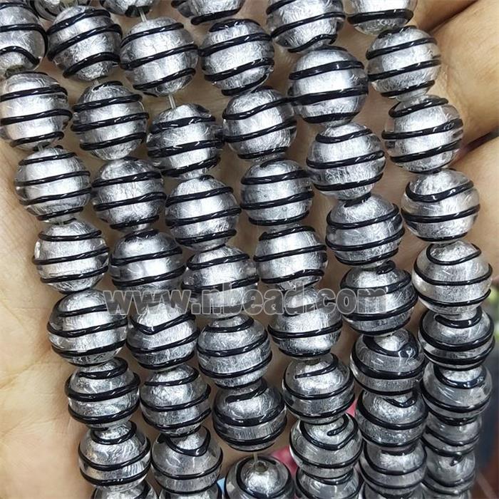 Larmwork Glass Beads Round Black Line With Silver Foil