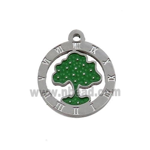 Raw Stainless Steel Tree Pendant Green Enamel