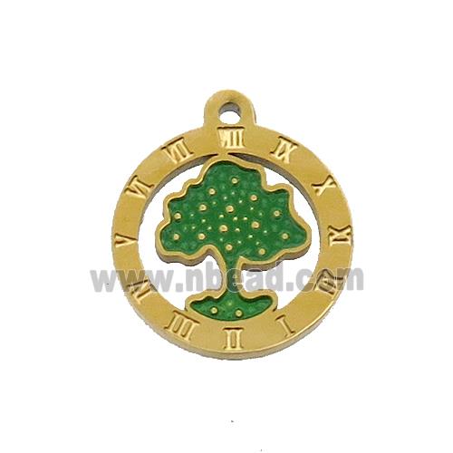 Stainless Steel Tree Pendant Green Enamel Gold Plated