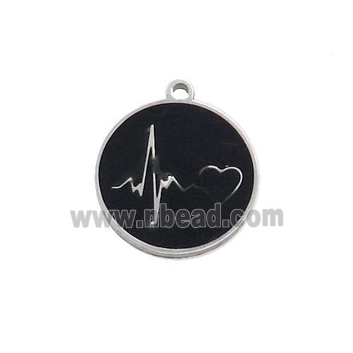 Raw Stainless Steel Circle Heartbeat Pendant Black Enamel