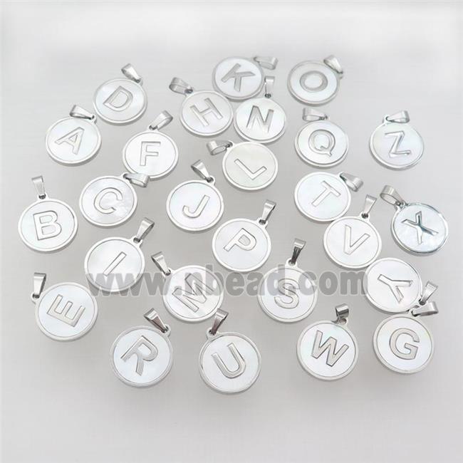 Raw Stainless Steel Letter Pendant Pave White Shell Mix Alphabet