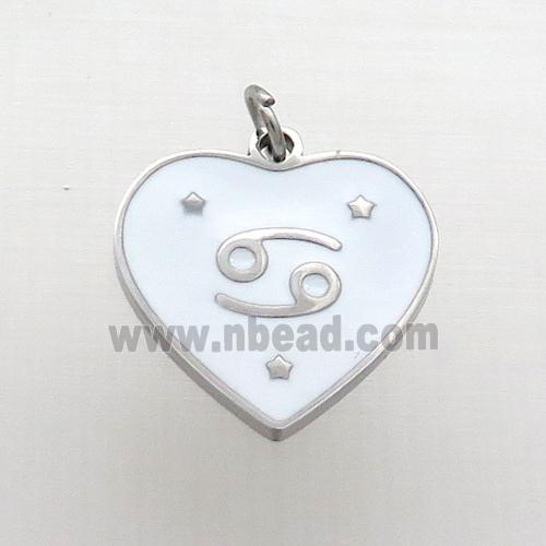 Raw Stainless Steel Heart Pendant White Enamel Zodiac Cancer