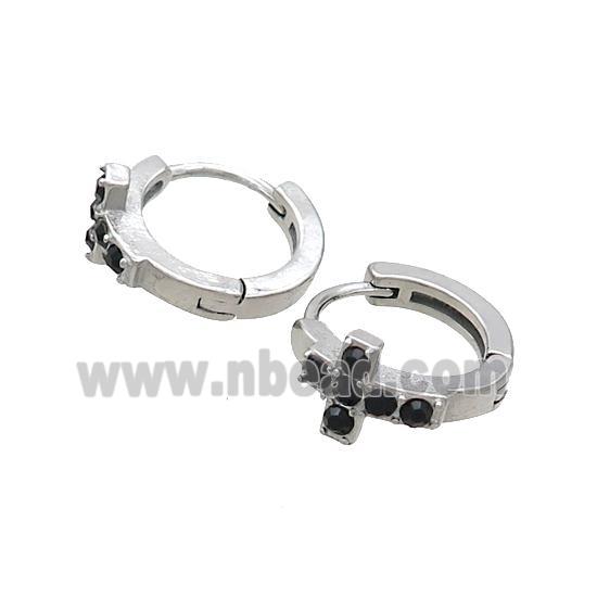 Raw Stainless Steel Hoop Earrings Pave Rhinestone Cross