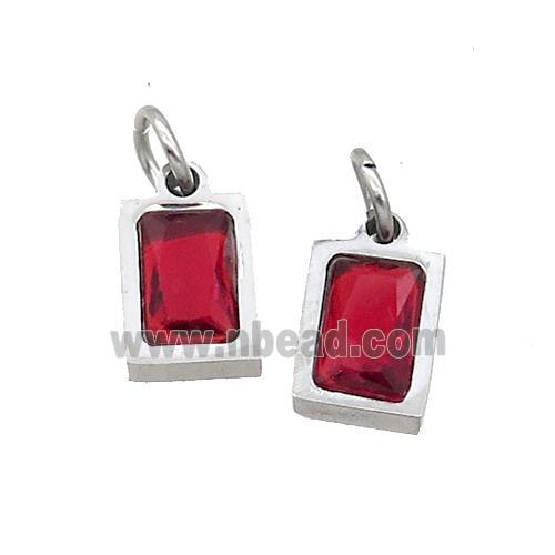 Raw Stainless Steel Pendant Pave Red Zircon Rectangle