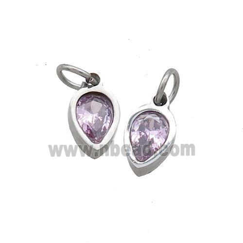 Raw Stainless Steel Teardrop Pendant Pave Pink Zircon