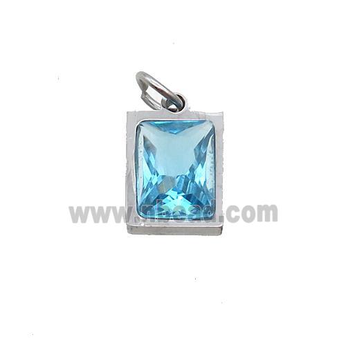 Raw Stainless Steel Rectangle Pendant Pave Aqua Zircon