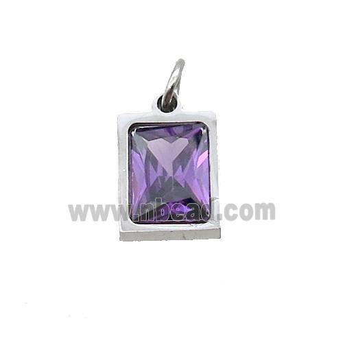Raw Stainless Steel Rectangle Pendant Pave Purple Zircon