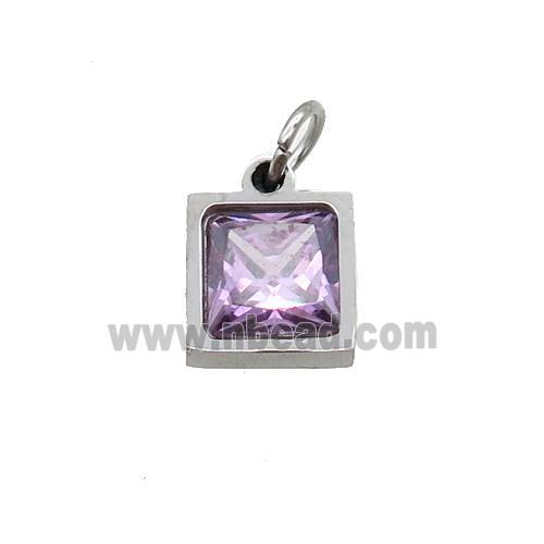 Raw Stainless Steel Square Pendant Pave Purple Zircon