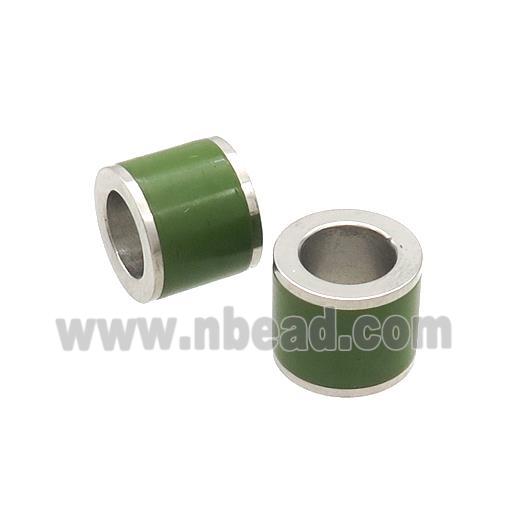Raw Stainless Steel Column Beads Green Enamel Large Hole