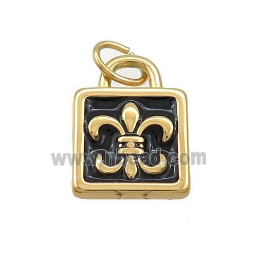 Stainless Steel Fleur-De-Lis Charms Pendant Lock Charms Black Enamel Gold Plated