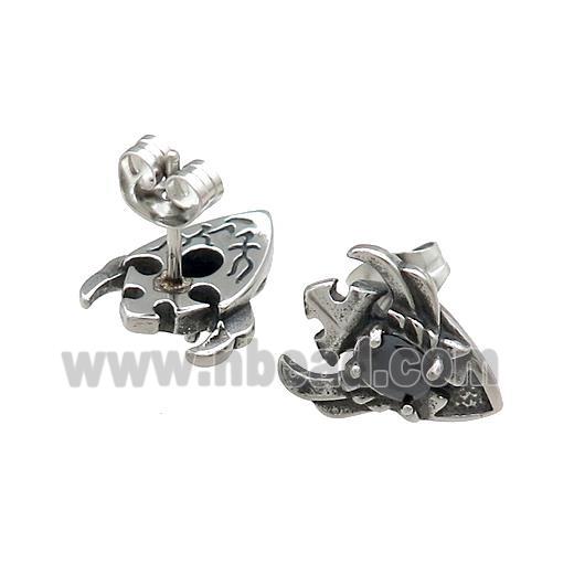 Stainless Steel Stud Earring Pave Rhinestone Shield Antique Silver