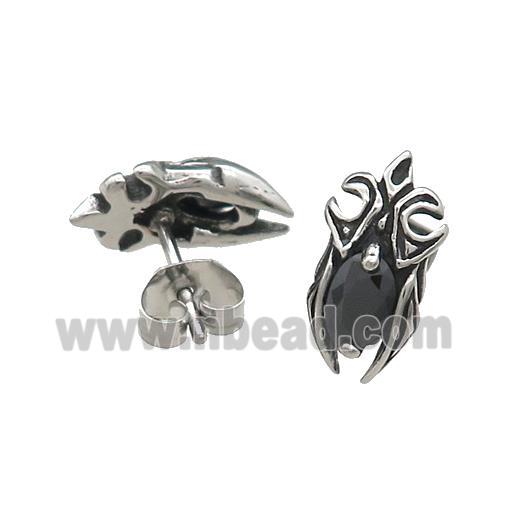 Stainless Steel Stud Earring Pave Rhinestone Loricae Antique Silver