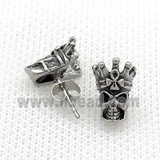Stainless Steel Stud Earring Pave Rhinestone Skull Antique Silver