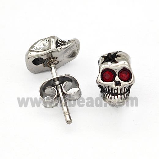 Stainless Steel Skull Stud Earrings Pave Rhinestone Antique Silver