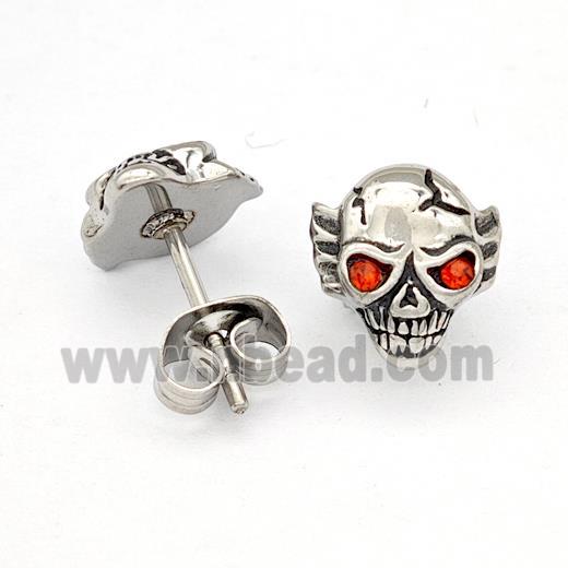 Stainless Steel Skull Stud Earrings Pave Rhinestone Antique Silver