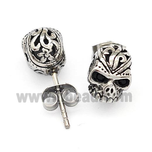 Stainless Steel Skull Stud Earrings Antique Silver
