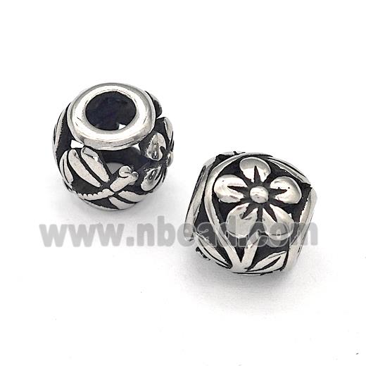 316 Stainless Steel Round Beads Flower Hollow Large Hole Antique silver