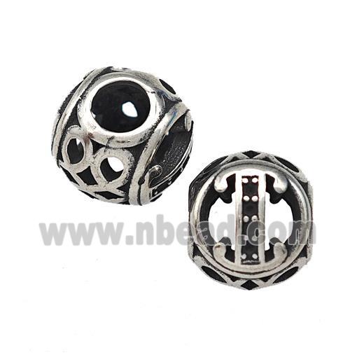 Stainless Steel Round Beads Letter-I Hollow Large Hole Antique Silver