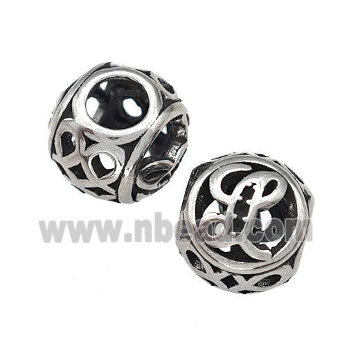 Stainless Steel Round Beads Letter-L Hollow Large Hole Antique Silver