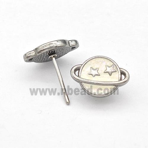 Raw Stainless Steel Planet Stud Earring White Enamel