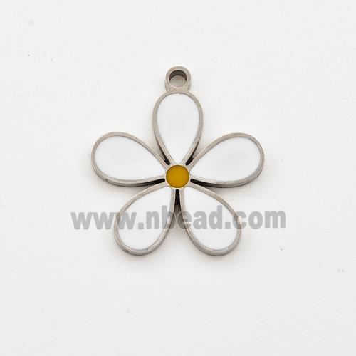 Raw Stainless Steel Flower Pendant White Enamel