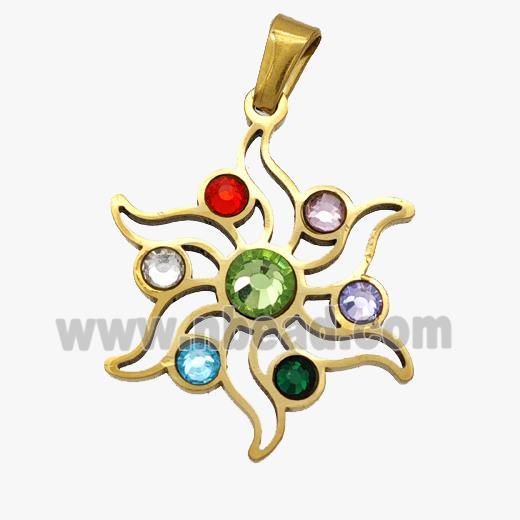 Stainless Steel Flower Pendant Micropave Rhinestone Chakra Gold Plated