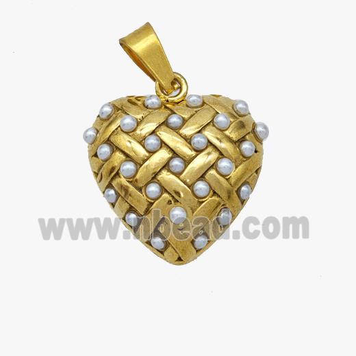 Stainless Steel Heart Pendant Pave Pearlized Resin Gold Plated