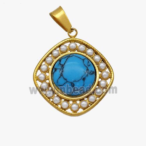 Stainless Steel Square Pendant Pave Blue Howlite Pearlized Resin Gold Plated
