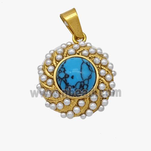 Stainless Steel Flower Pendant Pave Blue Howlite Pearlized Resin Gold Plated