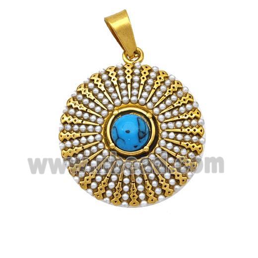Stainless Steel Flower Pendant Pave Blue Howlite Pearlized Resin Gold Plated