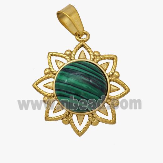 Stainless Steel Flower Pendant Pave Synthetic Malachite Gold Plated
