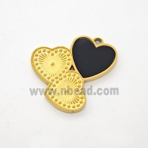 Stainless Steel Heart Pendant Pave Black Acrylic Cluster Gold Plated