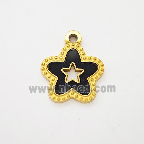 Stainless Steel Star Pendant Pave Black Acrylic Hollow Gold Plated