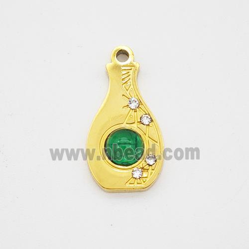 Stainless Steel Vase Pendant Pave Green Jade Rhinestone Bottle Gold Plated